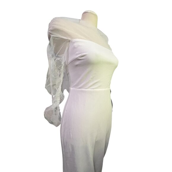 Lulus Beautifully Beloved White Mesh Off-the-Shoulder Dress with Train Sz Med - Picture 15 of 16